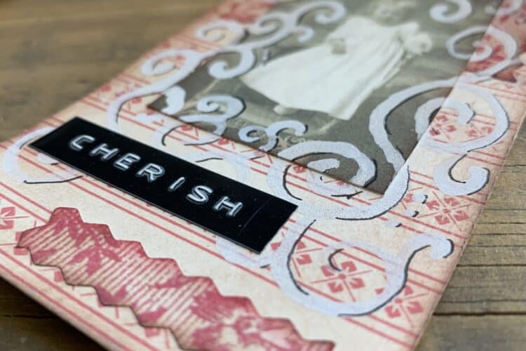 close up of valentines day tag CHERISH on dymo label