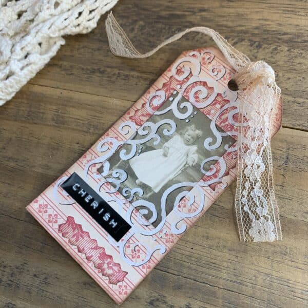 valentine tag made with scrapbook paper scraps and white ink