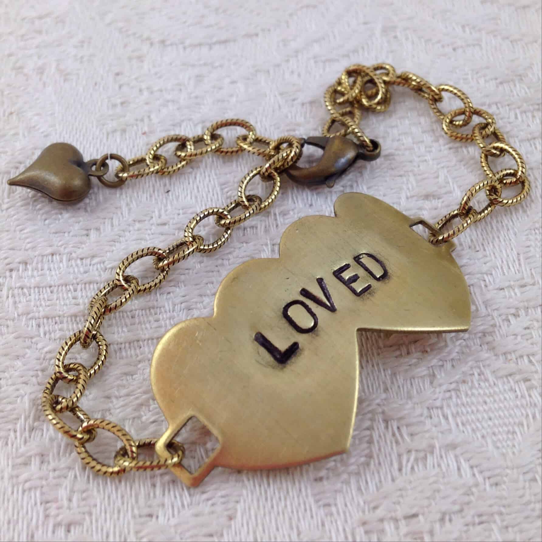 Valentine's Day Gift Ideas - Antiqued Gold and Brass Hand-stamped Double Heart Tag Bracelet LOVED | DuctTapeAndDenim.com