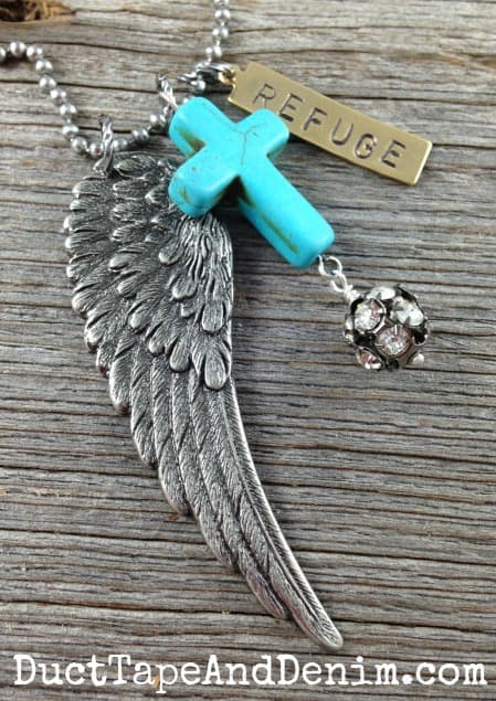 Refuge necklace based on Psalm 91, "He will cover you with His wings..." Available on DuctTapeAndDenim.etsy.com