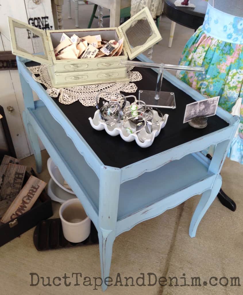 Side table in CeCe Caldwell Memphis Blue natural chalk and clay paint with chalkboard top | DuctTapeAndDenim.com