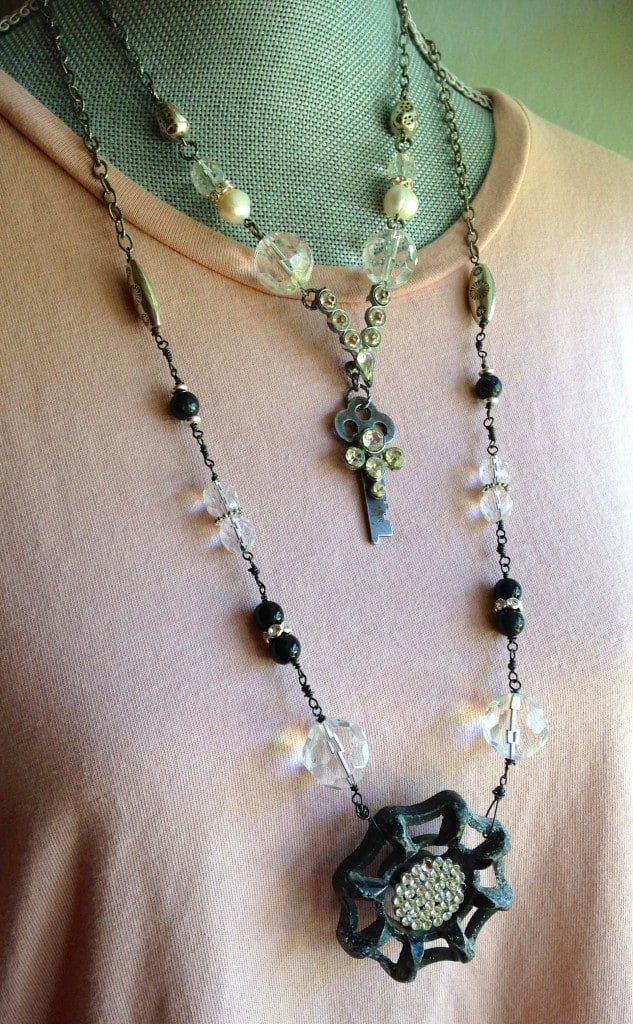 Short necklace: "Beaded Vintage Key" necklace, approx 20".  Long necklace: "Shabby Garden Party" necklace