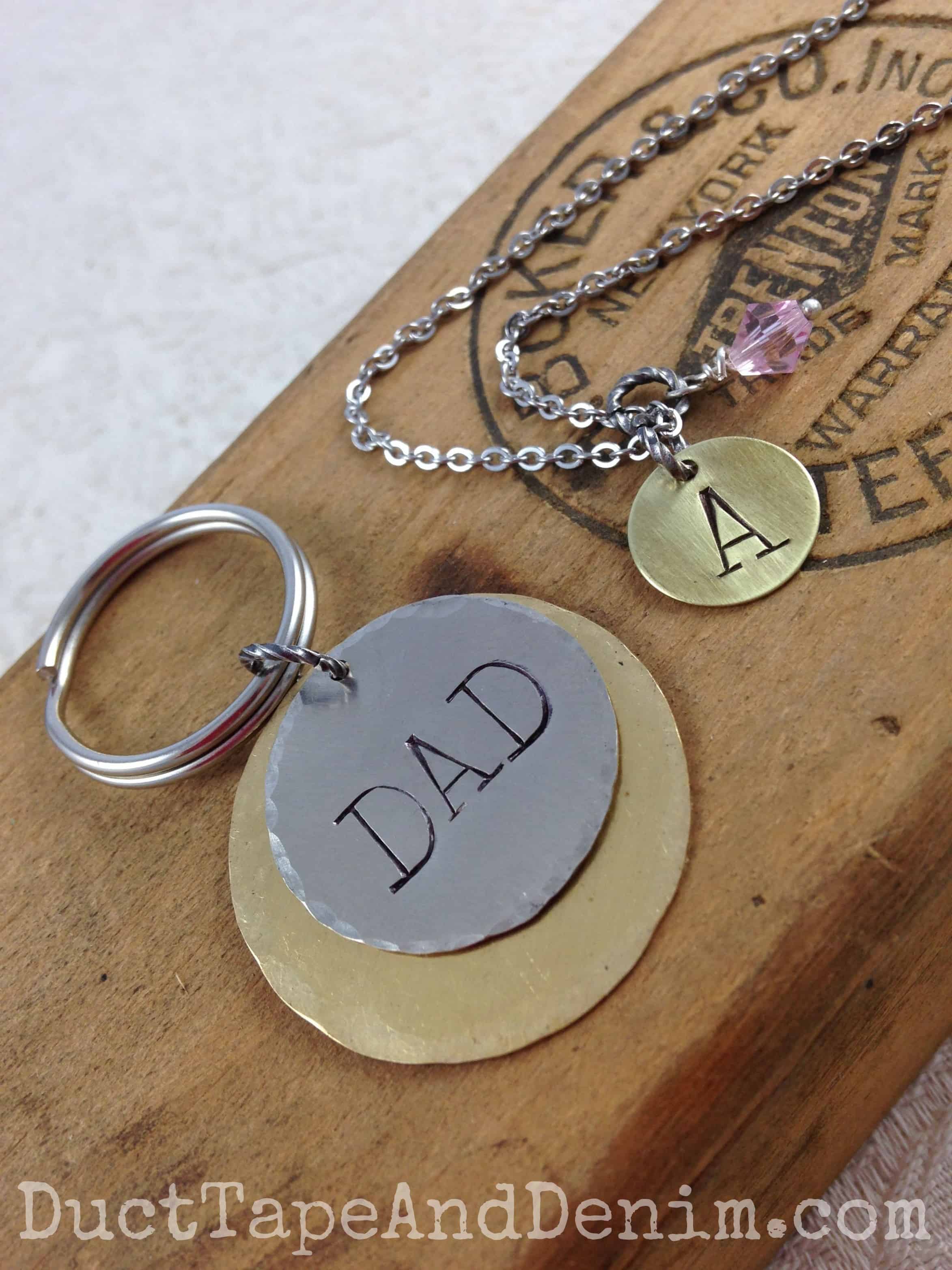 Hand-stamped jewelry I made with the new metal stamps I bought at an antique show. Dad keyring. Custom letter A necklace | DuctTapeAndDenim.com