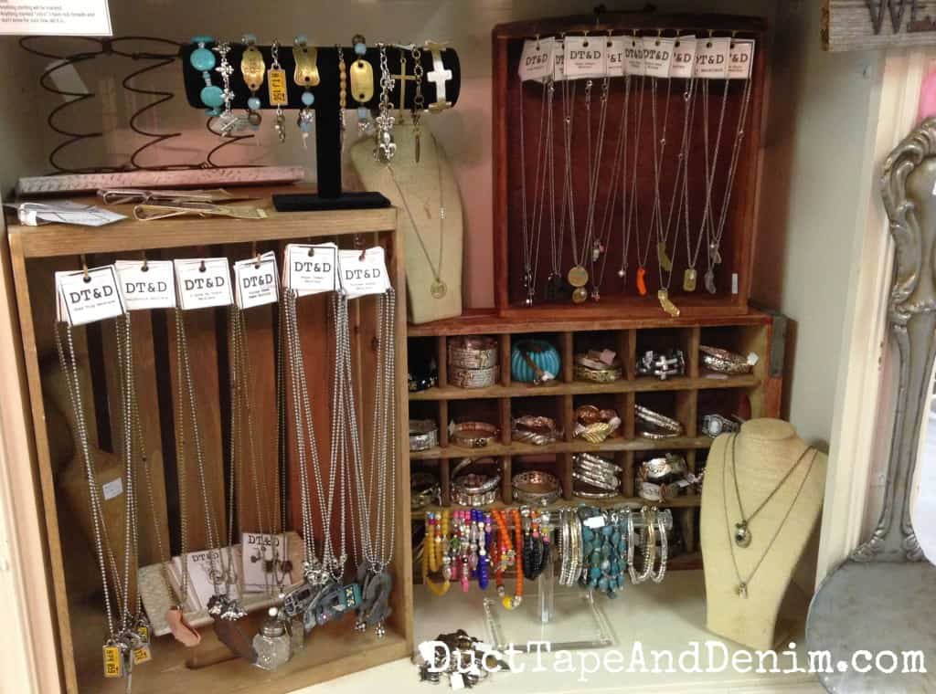Handmade jewelry displays on my shelf at Room With a Past | DuctTapeAndDenim.com