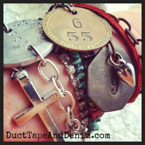Vintage brass tag bracelets in my arm party | DuctTapeAndDenim.com