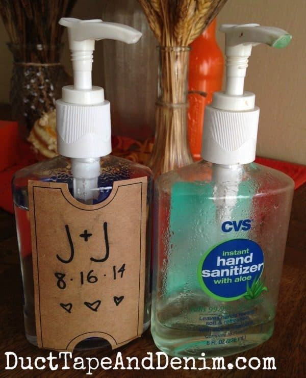 We even decorated hand sanitizer for the bathrooms at the wedding. DIY wedding soap | DuctTapeAndDenim.com