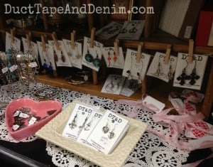 Using a divided wine crate to display earrings on my shelf at Paris Flea Market, Livermore, California, Bay Area | DuctTapeAndDenim.com
