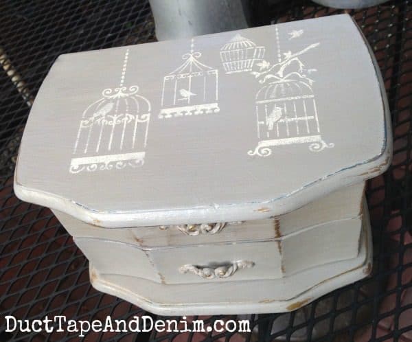 Top of jewelry box. Painted with CeCe Caldwell's Seattle Mist, stenciled in Vintage White