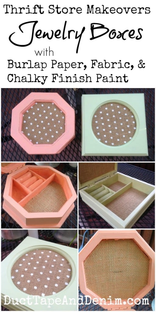 Thrift store makeover, vintage jewelry box with chalky finish paint burlap paper | DuctTapeAndDenim.com