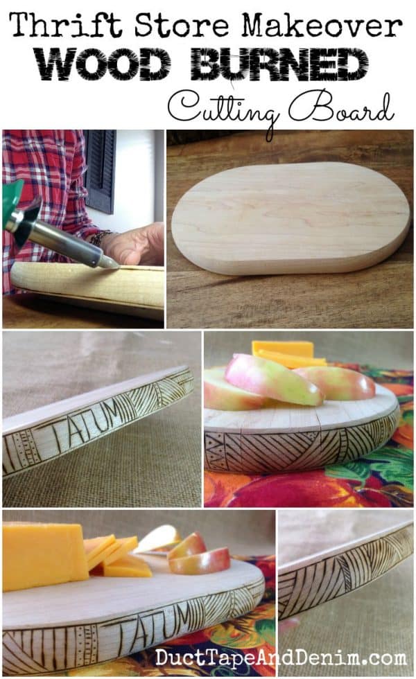 Thrift Store Makeover | Wood burned cutting board collage | DuctTapeAndDenim.com