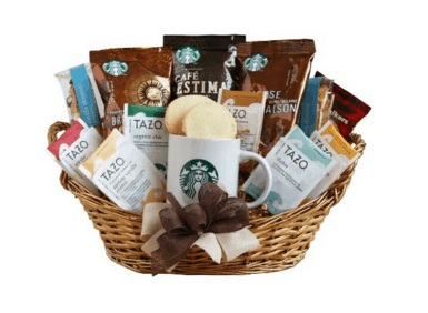Gift guide for coffee lovers, Starbucks gift basket. More gift ideas for coffee lovers on DuctTapeAndDenim.com