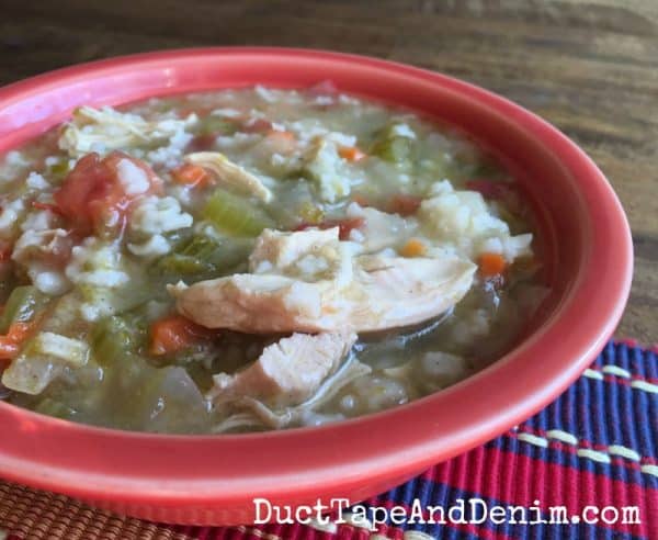 Chicken enchilada soup with rice recipe. Quick, filling meal on a cold winter weeknight. | DuctTapeAndDenim.com