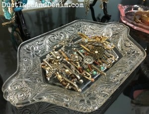 My grandmother's antique crystal dish organizes my most often worn Lilla Rose flexi clips | DuctTapeAndDenim.com
