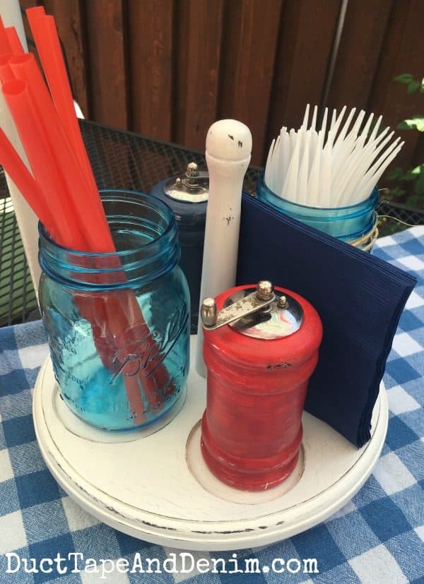 Red, white, and blue summer picnic caddy ~ salt pepper mason jar for straws