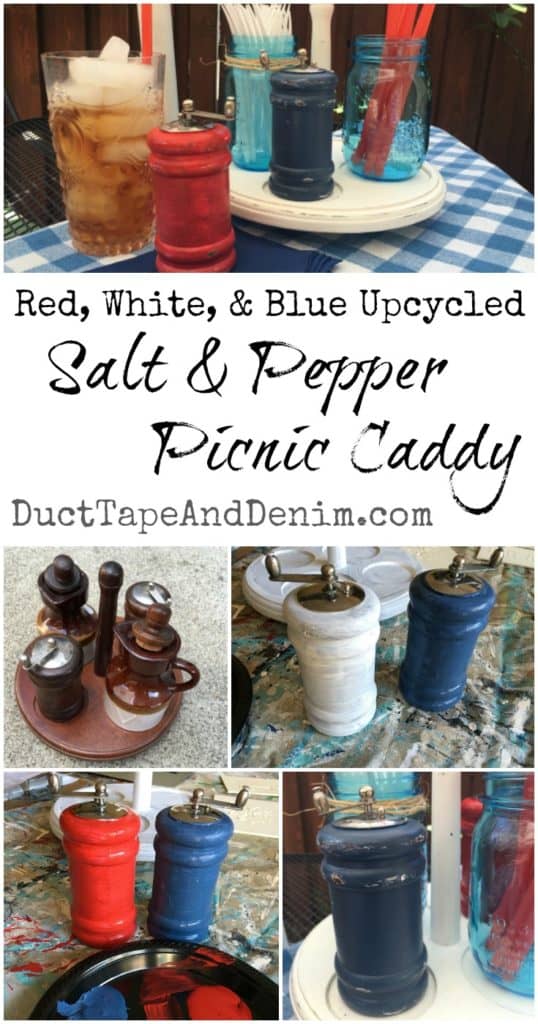 Red, white, and blue upcycle salt & pepper picnic caddy