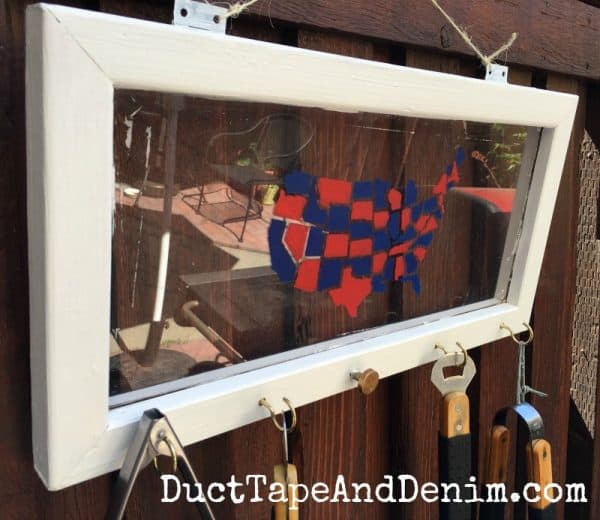 Upcycled window from thrift store, USA map stencil, BBQ grill utensil holder for patio