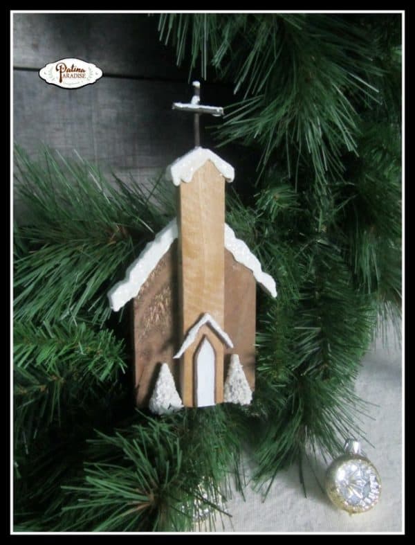 Rustic pallet church Christmas ornaments. More DIY ornament ideas on DuctTapeAndDenim.com