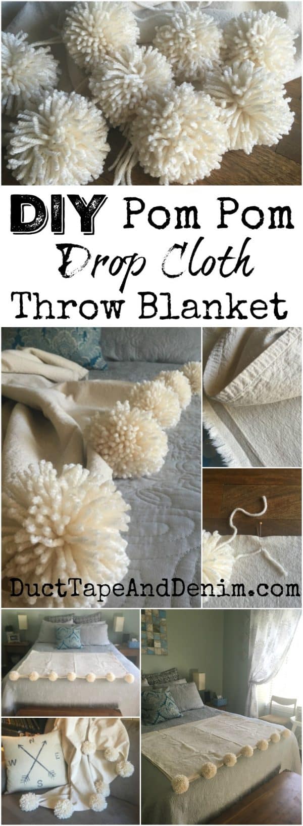 Throw Blanket DIY Pom Pom Blanket from Canvas Drop Cloth