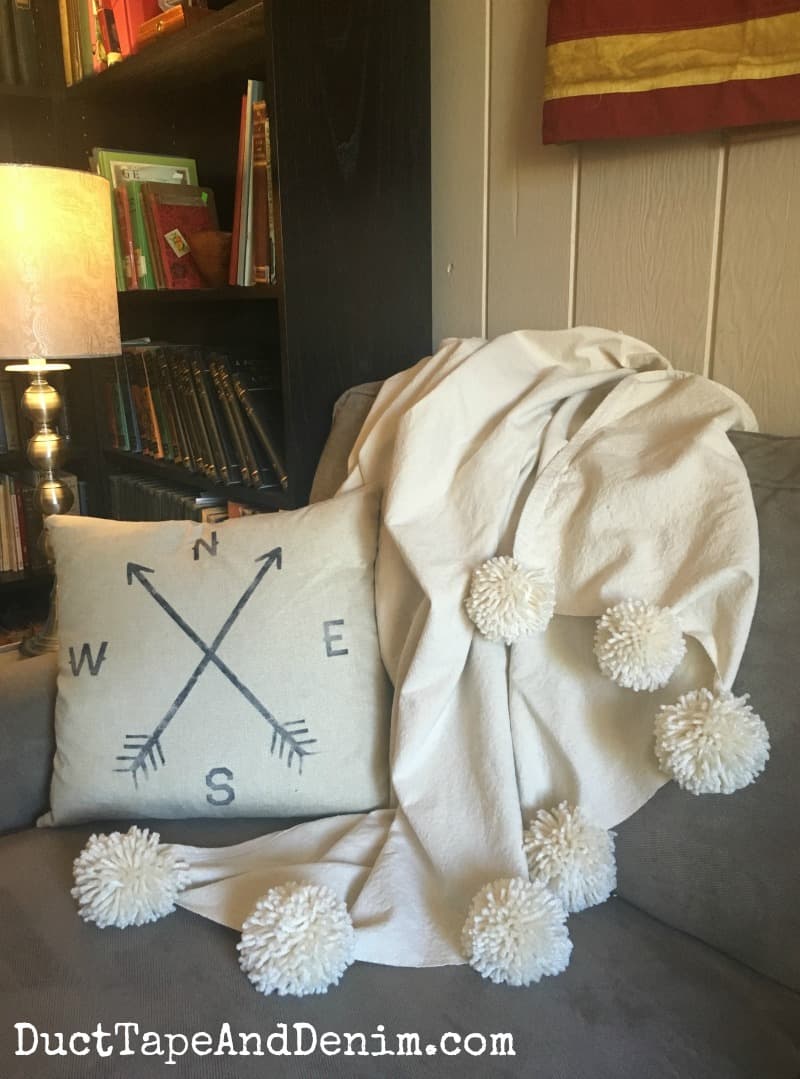 Throw Blanket DIY Pom Pom Blanket from Canvas Drop Cloth