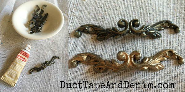 Rub n Buff on handles of thrift store jewelry cabinet | DuctTapeAndDenim.com