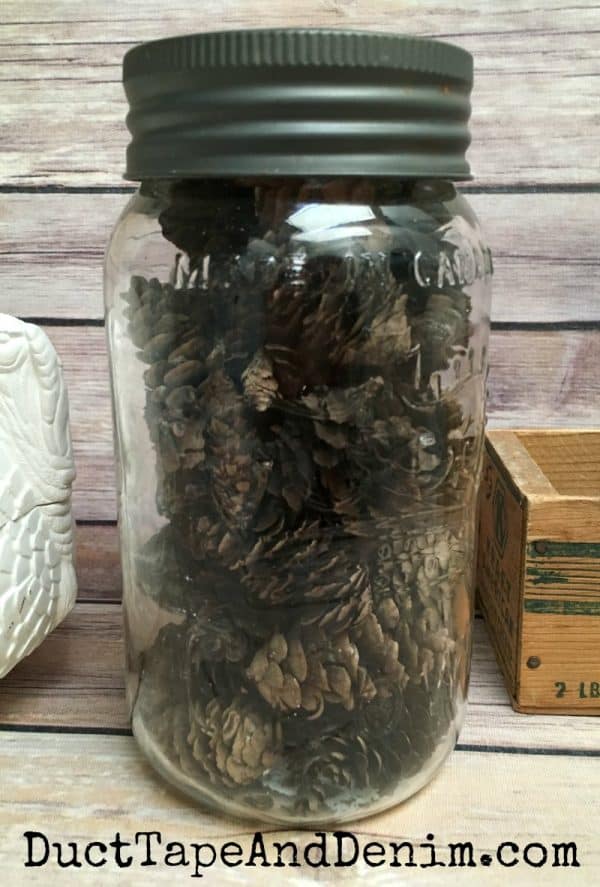 Finished vintage Crown canning jar filled with tiny pine cones | DuctTapeAndDenim.com