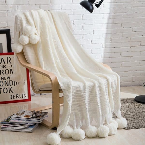Pom pom cotton knit throw blanket