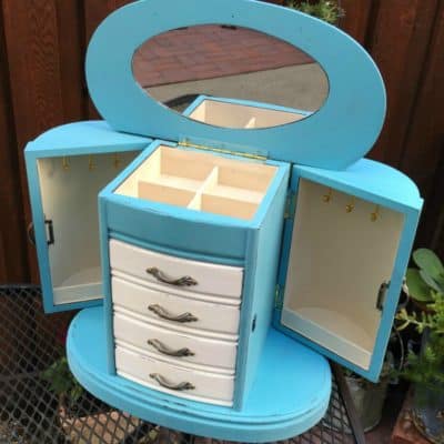 Turquoise and White Jewelry Cabinet with Rounded Sides Makeover
