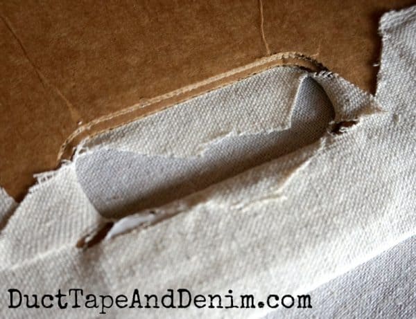 Handle on drop cloth covered cardboard storage box | DuctTapeAndDenimcom
