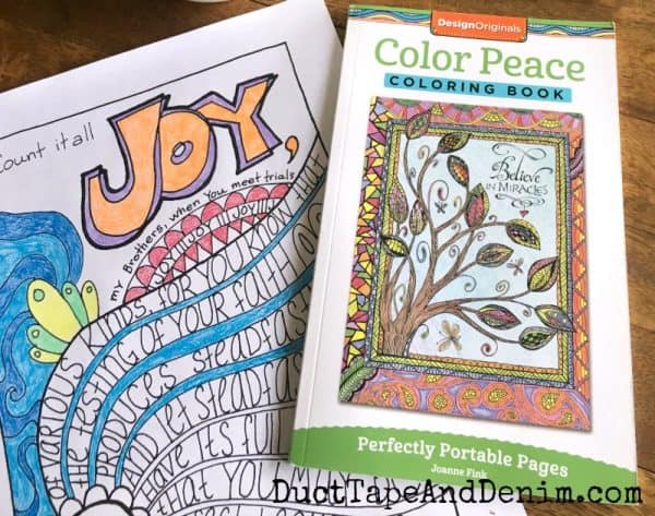Close up of James coloring book page and my Christian adult coloring book | DuctTapeAndDenim.com