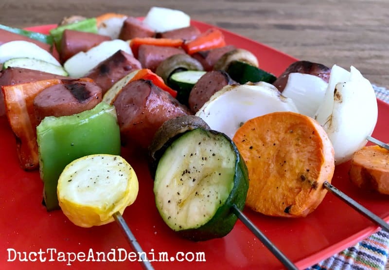 Grilled sausage, sweet potatoes, squash, onions, mushrooms, bell peppers kabob | DuctTapeAndDenim.com