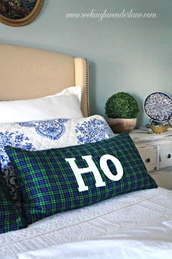Ho Ho Ho blue green plaid pillow