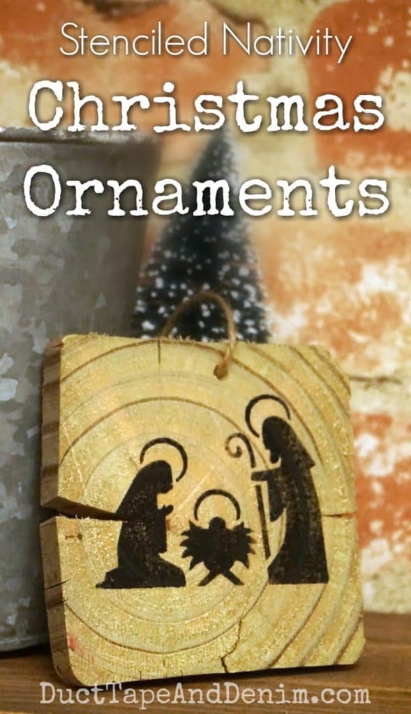 Stenciled nativity Christmas ornaments on old wood pieces