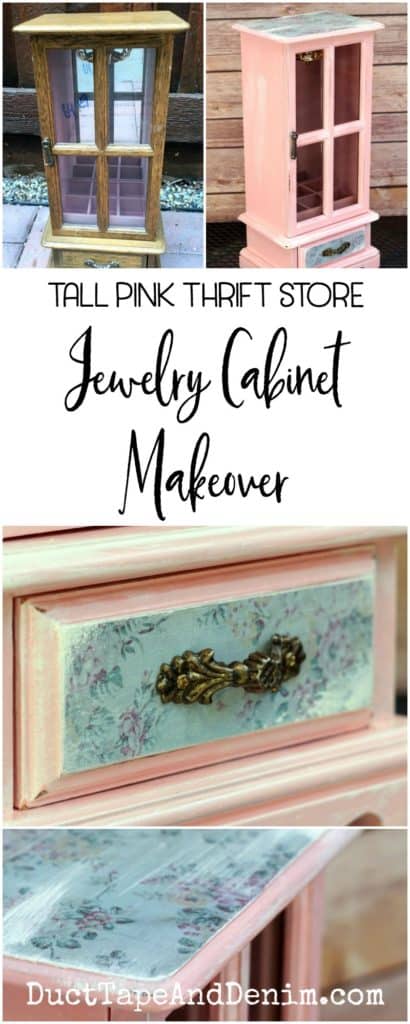Thrift store pink jewelry cabinet makeover, tall jewelry cabinet | DuctTapeAndDenim.com