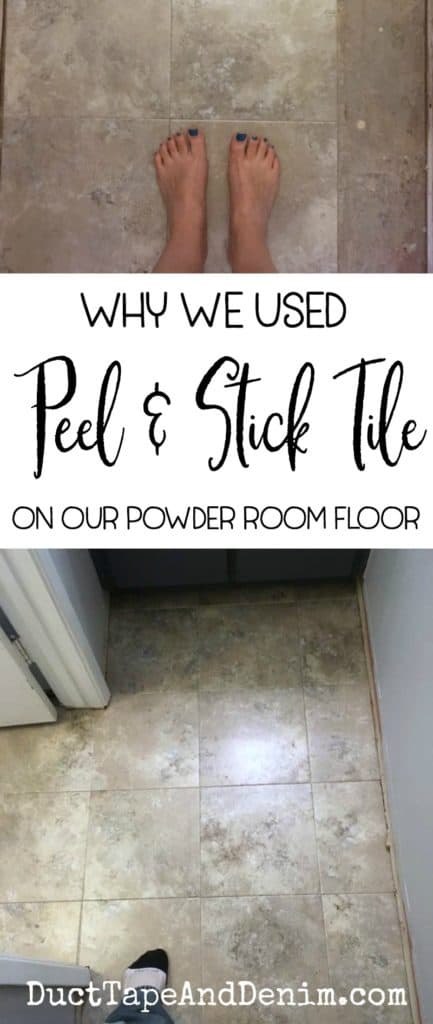 Why we used peel and stick tile on our powder room floor. Small bathroom makeover on DuctTapeAndDenim.com