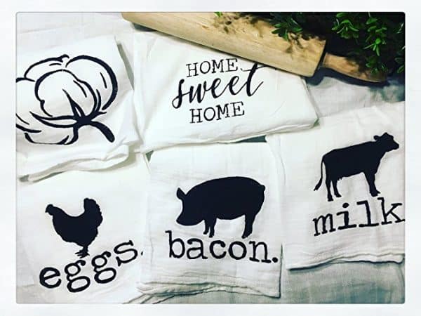 farmhouse style kitchen towels with chickens, pigs, and cows