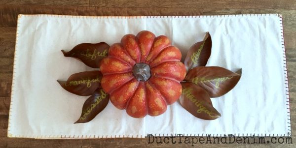 Magnolia leaf pumpkin centerpiece | DuctTapeAndDenim.com copy