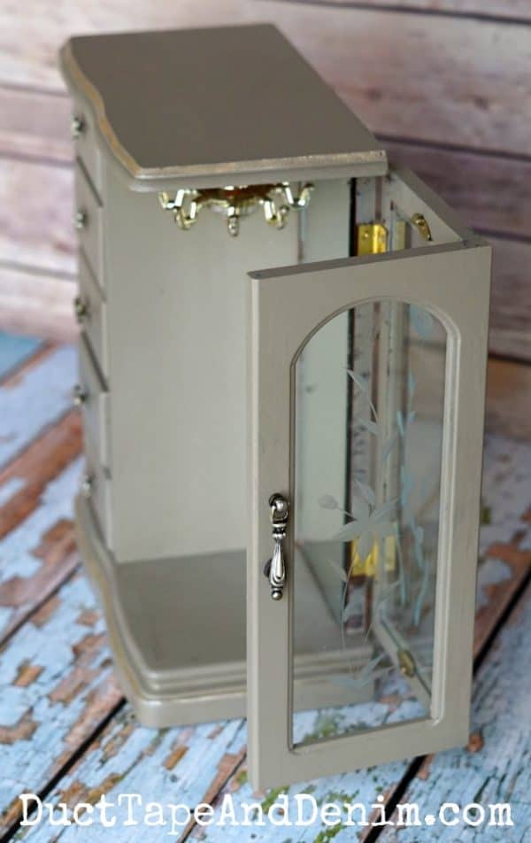 Side door on thrift store jewelry cabinet makeover | DuctTapeAndDenim.com