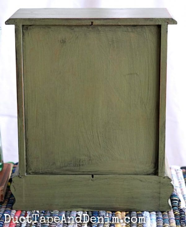 Back of boho green jewelry cabinet makeover