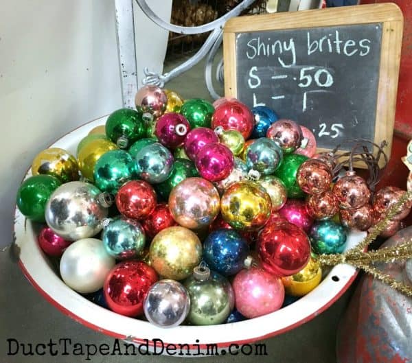 Shiny Brite Christmas ornaments in bowl at flea market | DuctTapeAndDenim.com