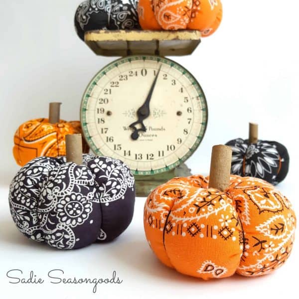 Vintage_orange_black_bandanas_to_repurpose_upcycle_into_fabric_pumpkins_for_Halloween_by_Sadie_Seasongoods_2