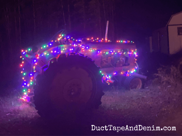outdoor christmas lights on the old tractor