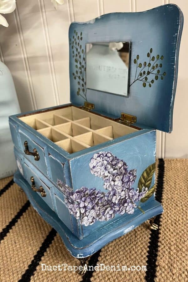 finished jewelry box with purple hydrangea transfers easy thrift store flip