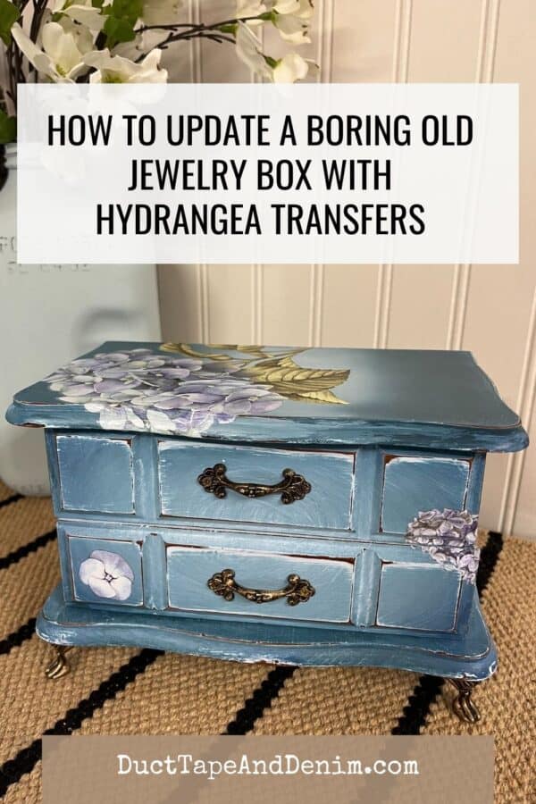 how to update a boring old jewelry box with hydrangea transfers